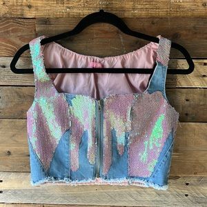 SUGAR THRILLZ Pink sequin denim crop top